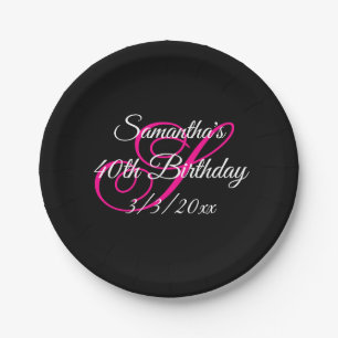 Schwarz Weiß und Hot Pink Fancy Monogramm Geburtst Pappteller