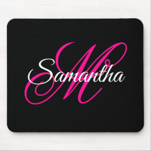 Schwarz Weiß und Hot Pink Fancy Schrift Monogramm Mousepad
