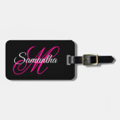 Schwarz Weiß und Hot Pink Fancy Script Monogramm Gepäckanhänger (Vorderseite horizontal)