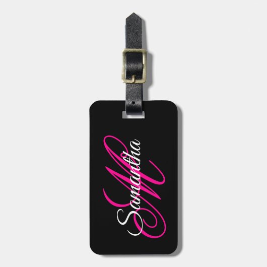 Schwarz Weiß und Hot Pink Fancy Script Monogramm Gepäckanhänger (Vorderseite vertikal)
