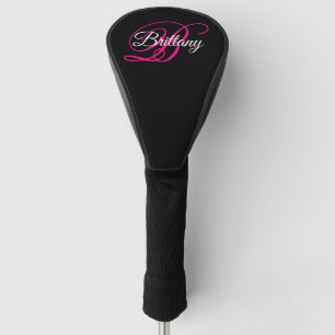 Schwarz Weiß und Hot Pink Fancy Script Monogramm Golf Headcover