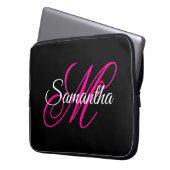 Schwarz Weiß und Hot Pink Fancy Script Monogramm Laptopschutzhülle (Vorderseite Links)