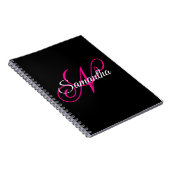 Schwarz Weiß und Hot Pink Fancy Script Monogramm Notizblock (Rechte Seite)
