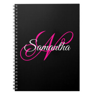 Schwarz Weiß und Hot Pink Fancy Script Monogramm Notizblock