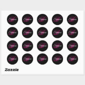 Schwarz Weiß und Hot Pink Fancy Script Monogramm Runder Aufkleber (Blatt)