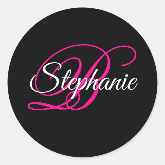 Schwarz Weiß und Hot Pink Fancy Script Monogramm Runder Aufkleber (Vorderseite)