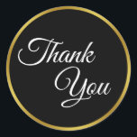 Schwarz, Weiß und Imitate Gold Vielen Dank Runder Aufkleber<br><div class="desc">Dieser Goldaufkleber in Schwarz,  Weiß und Imitat kann mit Ihrem Wunschtext personalisiert werden (abgebildet:Danke). Der Text ist ein weißes Skript. Der goldene Aussehstreifen ist keine Folie.</div>