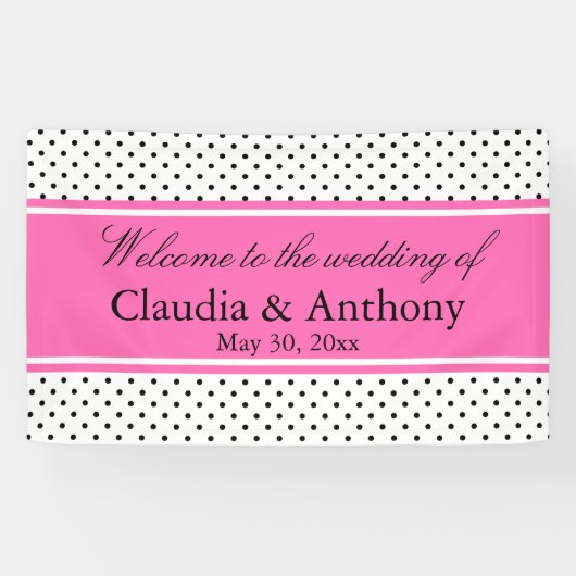 Schwarz, Weiß und Rosa Polka Dot Wedding Banner (Horizontal)