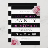 Schwarz-weiß und rosa Rosen Sweet 16 Party Einladung (Vorne/Hinten)