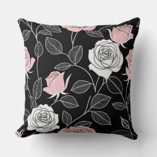 Schwarz, weiß und rosa Rosenkissen Kissen