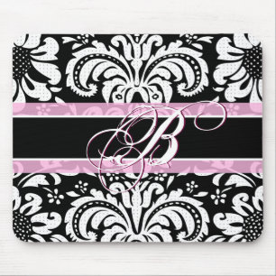 Schwarz Weiß und Rosa Vintage Blumen Damast Muster Mousepad