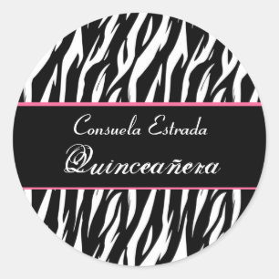 Schwarz-weiß und rosa Zebra Quinceanera Runder Aufkleber
