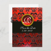 SCHWARZ-WEISS UND ROT DAMASK RED RUBY Monogram Ankündigungspostkarte (Vorne/Hinten)