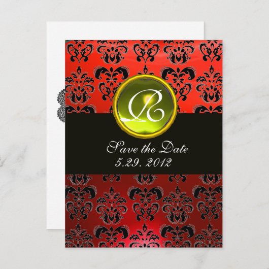 SCHWARZ-WEISS UND ROT DAMASK YELLOW TOPAZ Monogram Ankündigungspostkarte (Vorne/Hinten)