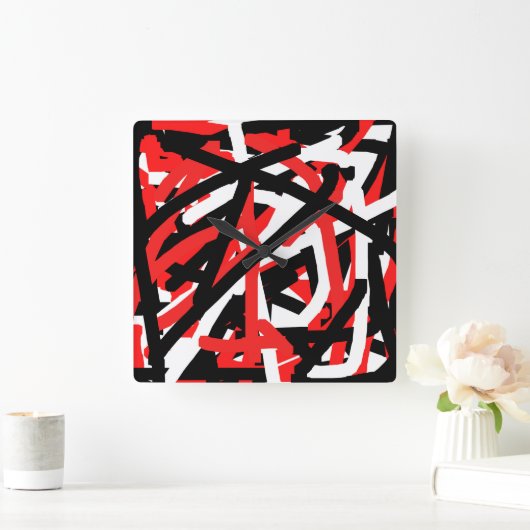 Schwarz, Weiß und Rot Quadratische Wanduhr (Zuhause)