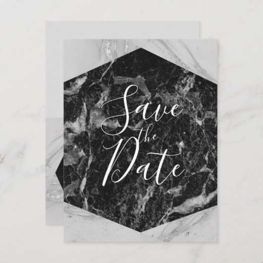 Schwarz-weiß- und Silbermarmor Modernes Save the D Ankündigungspostkarte (Vorne/Hinten)