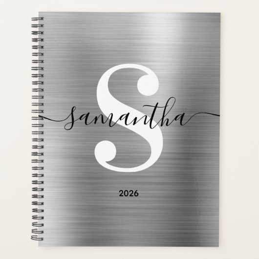 Schwarz-Weiß- und Silberner moderner Stil Monogram Planer (Vorderseite)