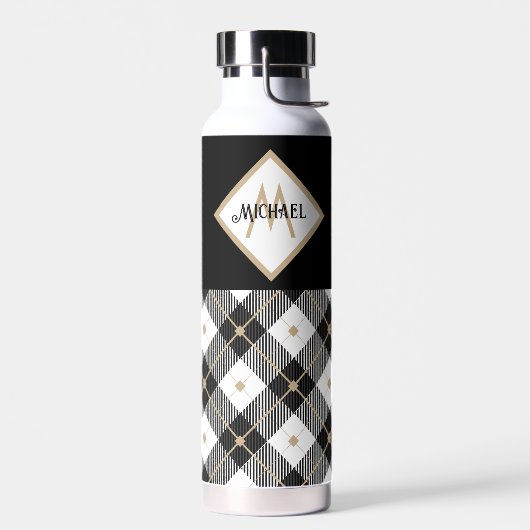 Schwarz-weiß und Tan Lumberjack Kariert Monogramme Trinkflasche (Links)