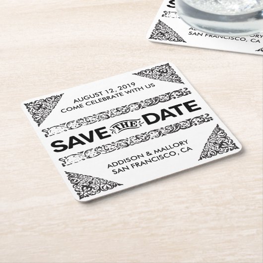Schwarz-Weiß-Untersetzer Save the Date Rechteckiger Pappuntersetzer (angewinkelt)