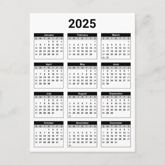 Schwarz-Weiß-USA-Kalender 2025 Postkarte (Vorderseite)