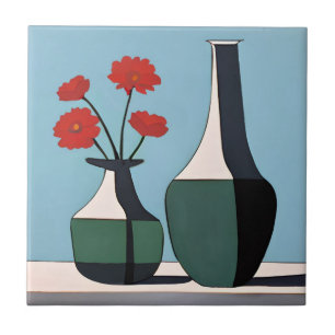 Schwarz-Weiß-Vasen mit roten Blume Fliese