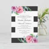 Schwarz-Weiß-Verlobungsparty. Rosa Blümchen Einladung (Stehend Vorderseite)