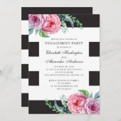 Schwarz-Weiß-Verlobungsparty. Rosa Blümchen Einladung (Vorne/Hinten)
