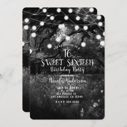 Schwarz-weiß verzauberte Waldlichter Süß 16 Party Einladung (Vorne/Hinten)