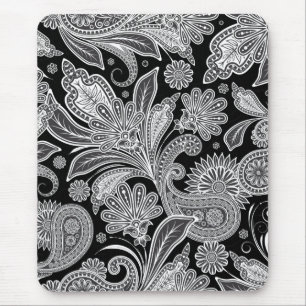 Schwarz-Weiß-Verziert Paisley-Muster Mousepad