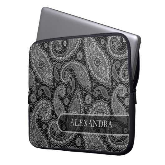 Schwarz-Weiß-Verziertes Blumenmuster 2 Laptopschutzhülle (Vorderseite Links)