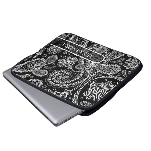 Schwarz-Weiß-Verziertes Blumenmuster Laptopschutzhülle (Vorne Knopf)