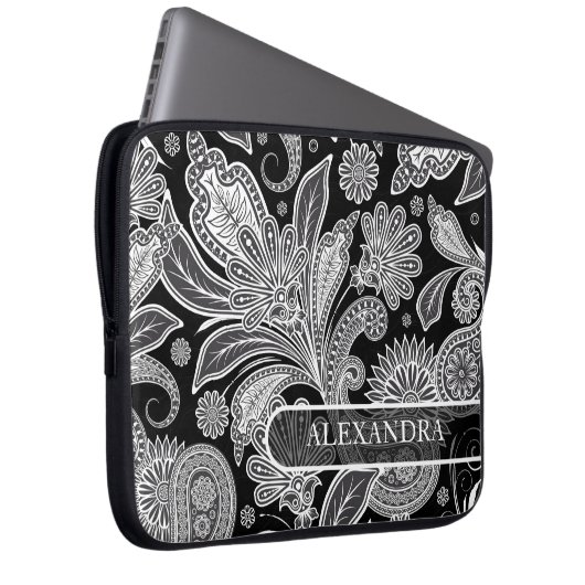 Schwarz-Weiß-Verziertes Blumenmuster Laptopschutzhülle (Vorne Rechts)