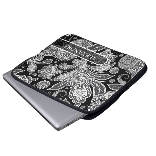 Schwarz-Weiß-Verziertes Blumenmuster Laptopschutzhülle (Vorne Knopf)