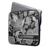 Schwarz-Weiß-Verziertes Blumenmuster Laptopschutzhülle (Vorderseite Links)