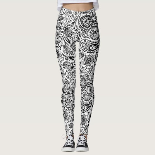 Schwarz-Weiß-Verziertes Blumenmuster Leggings (Vorderseite)