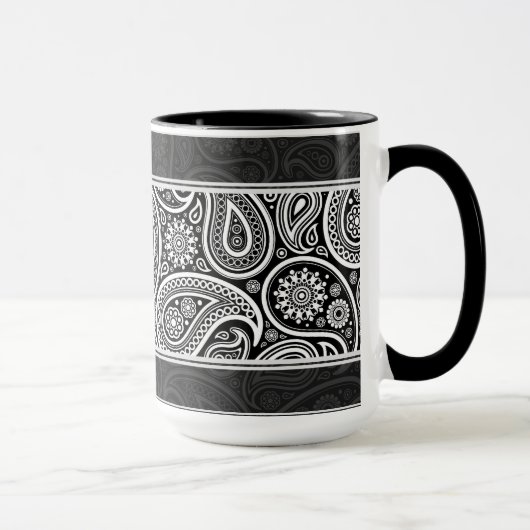 Schwarz/Weiß Verziertes Retro-Paisley-Muster Tasse (Rechts)