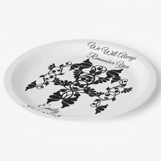 Schwarz-Weiß-Verzierung Blume für die Beerdigung Pappteller (Schrägansicht)