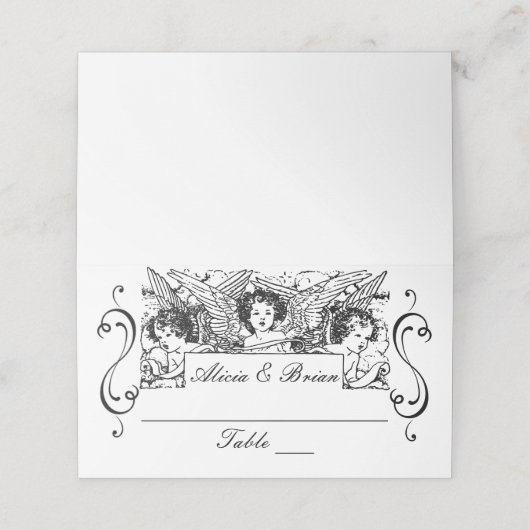 Schwarz-Weiß-Viktorianische Cherubs Hochzeit Platzkarte (Außenseite Aufgefaltet)