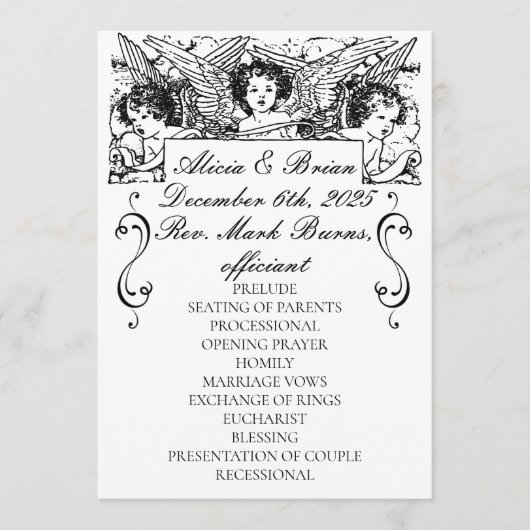 Schwarz-Weiß-Viktorianische Cherubs Hochzeit Programm (Vorderseite)