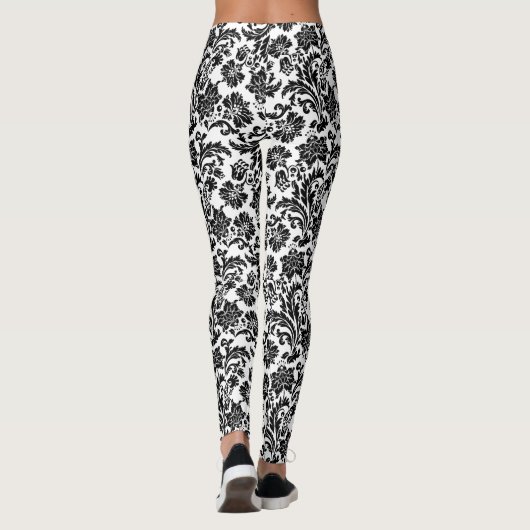 Schwarz-Weiß-Vintag-Damaskus-Muster Leggings (Rückseite)