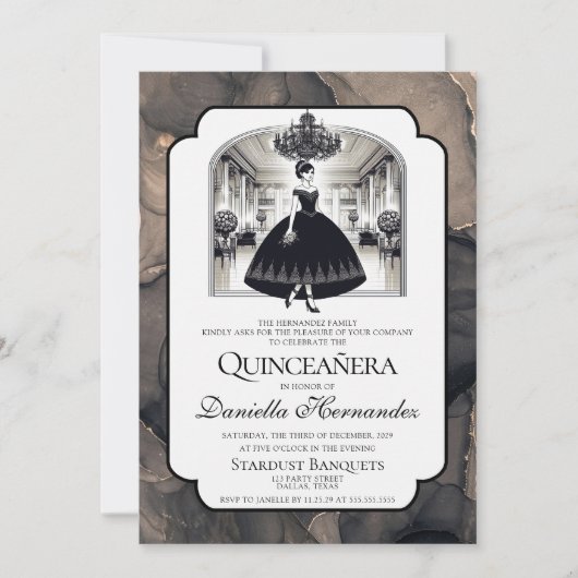 Schwarz-Weiß-Vintag-Quinceñera Einladung (Vorderseite)