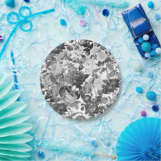 Schwarz-weiß Vintage Blume Pappteller (Party)