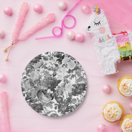 Schwarz-weiß Vintage Blume Pappteller (Party)