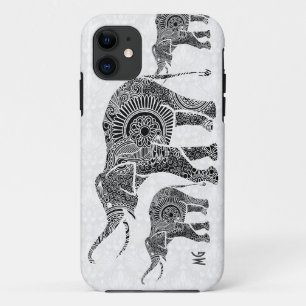 Schwarz-Weiß Vintage-Blumen-Elefanten-Monogramm iPhone 11 Hülle