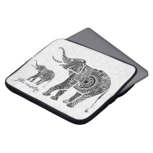Schwarz-Weiß Vintage-Blumen-Elefanten-Monogramm Laptopschutzhülle