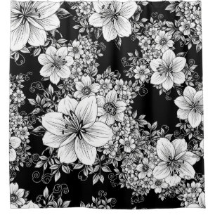 Schwarz-weiß vintage Blumen nahtloses Muster (3) Duschvorhang