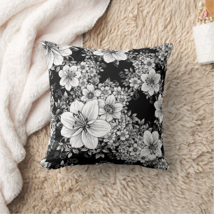 Schwarz-weiß vintage Blumen nahtloses Muster (3) Kissen