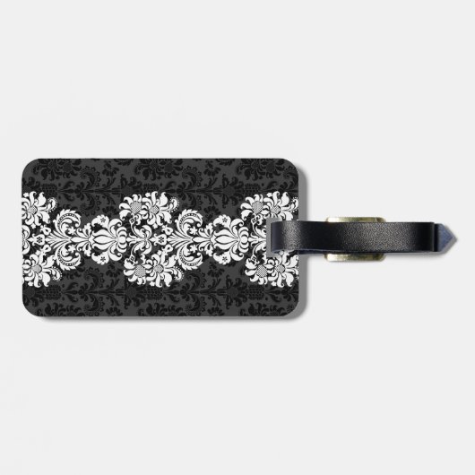 Schwarz-Weiß-Vintage BlumenDamaskus Gepäckanhänger (Rückseite horizontal)