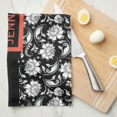Schwarz-Weiß-Vintage BlumenDamaskus Handtuch (Viertel Falte)