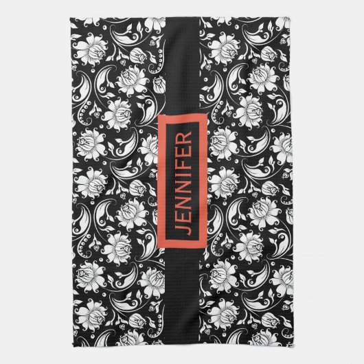 Schwarz-Weiß-Vintage BlumenDamaskus Handtuch (Vertikal)